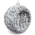 Set of 4 silver Christmas balls "Bullfinches, Snowflakes, Bells and a Happy childhood"